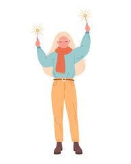 Woman with sparklers. Happy New Year, Merry Christmas, Happy Holidays. Winter time, winter fun. Hand drawn vector illustration