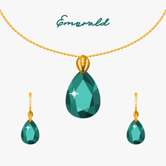 Illustration set of gold jewelry pendant on a chain and earrings with emeralds