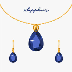Illustration set of gold jewelry pendant on a chain and earrings with sapphires