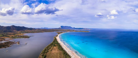 Foto op Canvas Italy. Sardegnia island nature scenery and best beaches. Aerial drone panoramic view of stunning La Cinta beach with turquoise sea and sault lake © Freesurf