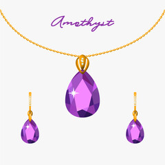 Illustration set of gold jewelry pendant on a chain and earrings with amethysts