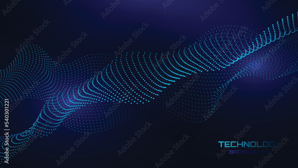 Wall mural Wave music line of flowing particles abstract vector on dark blue background, smooth curvy shape circle dots fluid array. 3d shape dots blended mesh, future technology relaxing wallpaper.