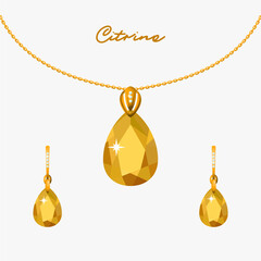 Illustration set of gold jewelry pendant on a chain and earrings with citrines