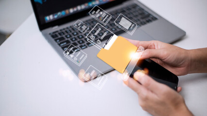 Uploading documents from folder. Open File folder with flying blank documents. Data transfer...