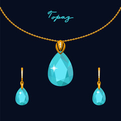 Illustration set of gold jewelry pendant on a chain and earrings with topaz