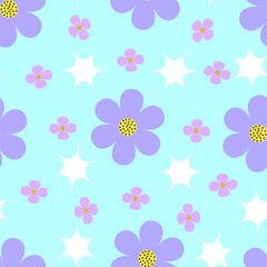 Summer floral Scandinavian nursery print design with purple and pink flowers on a light blue  background.