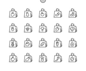 Paper bag of different fruits and vegetables. Healthy eating and grocery shopping. Supermarket. Pixel Perfect Vector Thin Line Icons. Simple Minimal Pictogram.