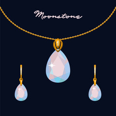 Illustration set of gold jewelry pendant on a chain and earrings with moonstones