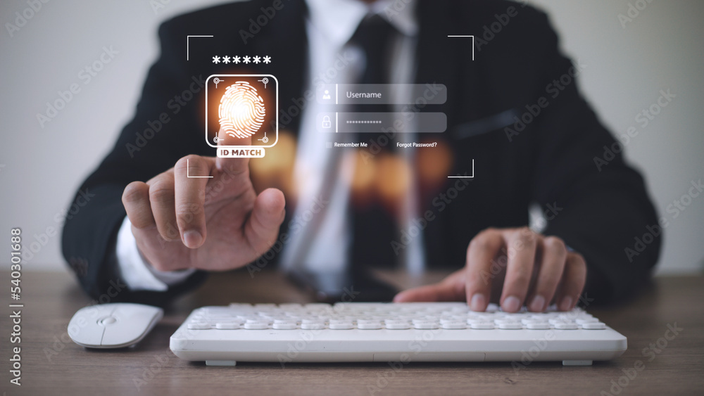 Aufkleber security of future technology and cybernetics on the internet, finger scanning allows access to secu