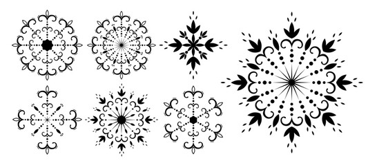 Christmas hand drawn set of snowflakes. Decorative openwork snowflake with curls. Winter design collection. Happy New Year vector illustration isolated on a white background