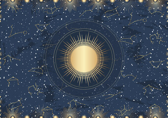 Hand drawn card of golden Sun, sunburst, light rays, stars. Constellation celestial space. Zodiac horoscope symbol, star astrology, astrology sign, icon. Magic space galaxy, vector sketch illustration