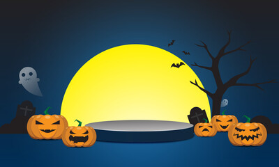 halloween podium background Close up dark blue podium with pumpkin funny face for product display, vector illustration.