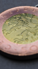 Translation: 50 crowns Czech Republic. Vertical coin stories for news about economy or koruna. Czech coins closeup lie on a dark surface. Crown and Central bank of Czechia. Macro