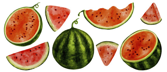 Set of watercolor ripe watermelons.
