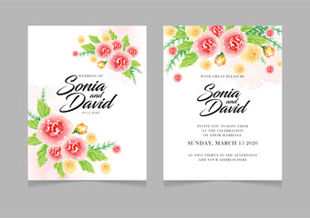Happy wedding card invitation red yellow flowers green leaves