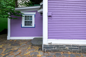 The exterior of a vibrant purple colored wooden wall is covered in horizontal clapboard siding. The building has white trim with thin blue lines. The green maple tree overhangs the sloping roof. 