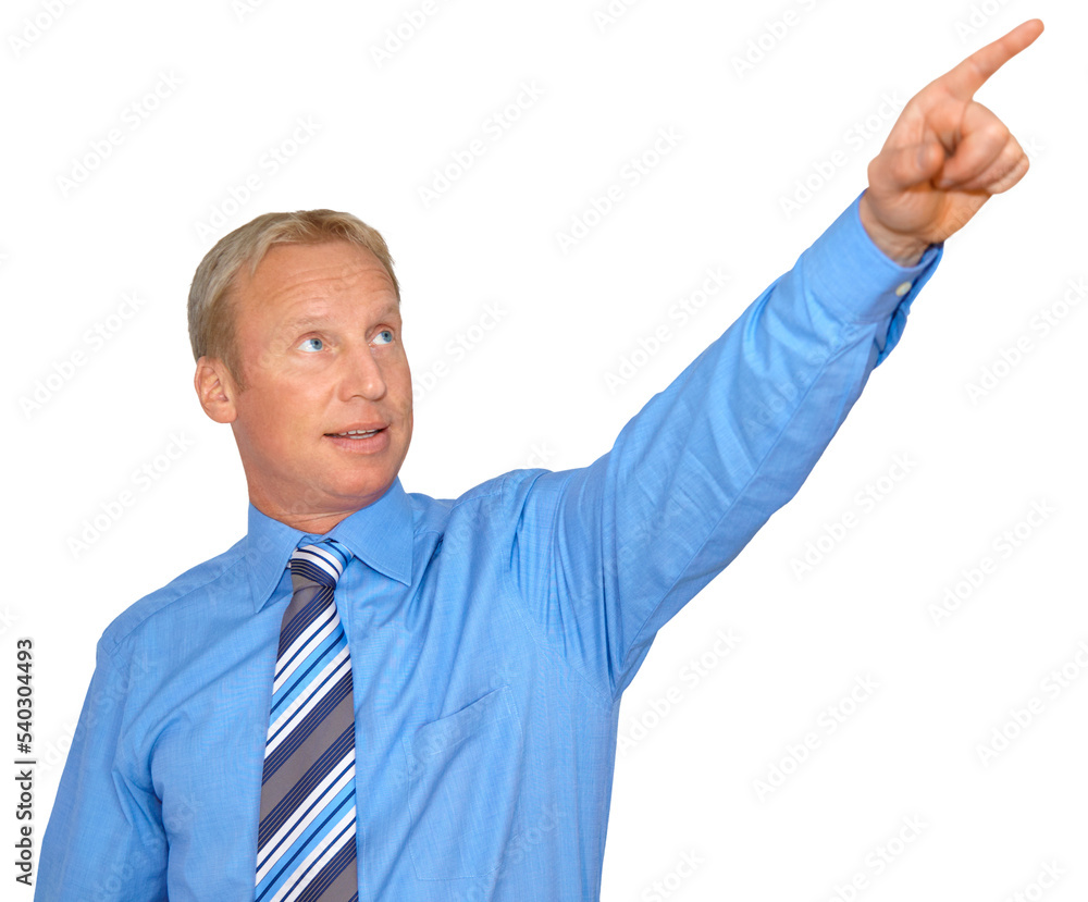 Wall mural gesture series: manager points upwards symbolically with his index finger.
