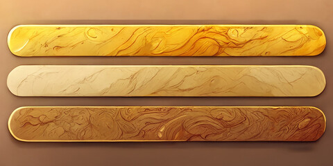 Rectangle buttons with golden, wooden textures for ui game design. 