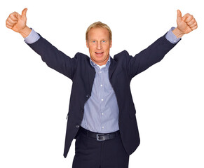 Gesture series: Successful businessman gives both thumbs up.