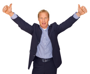 Gesture series: Successful businessman gives both thumbs up.