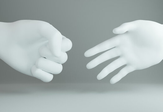 Rock paper scissors game illustration.Rock paper hand gesture.Grey and white minimalistic 3D design