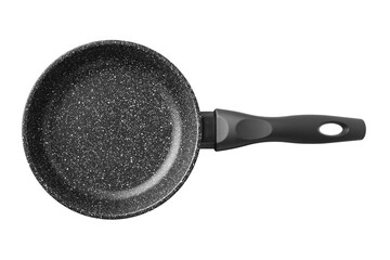 Frying pan with black handle. Isolated object on a transparent background. view from above