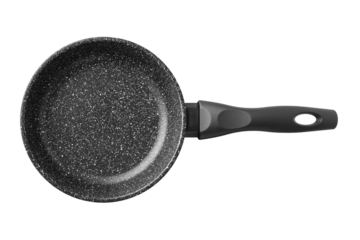 Frying pan with black handle. Isolated object on a transparent background. view from above