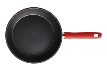 A frying pan with a red handle. Isolated object on a transparent background. view from above - obrazy, fototapety, plakaty