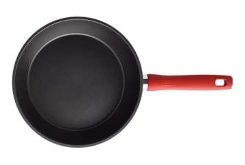A frying pan with a red handle. Isolated object on a transparent background. view from above