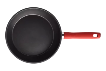 Foto op Plexiglas A frying pan with a red handle. Isolated object on a transparent background. view from above © art_rich
