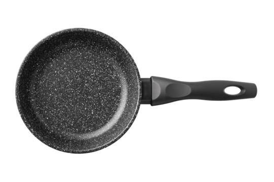 Frying pan with black handle. Isolated object on a transparent background. view from above