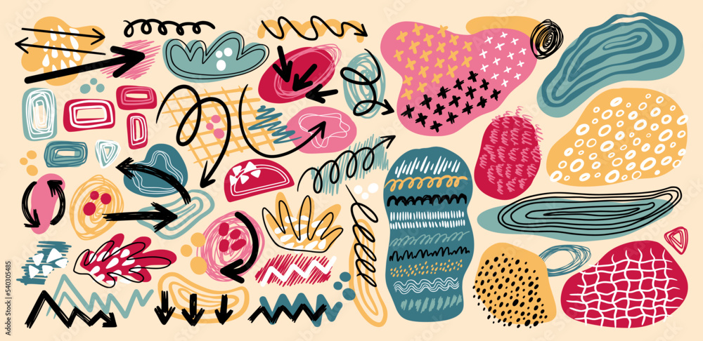 Poster doodle arrows, abstract pencil lines. spiral curve brush, twist hand texture, grunge sketch. trendy 
