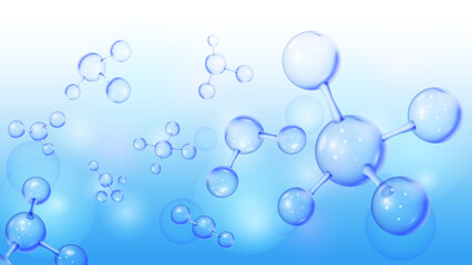 3d oxygen atoms, chemistry science formula. Molecular horizontal banner, chemical graphic structure, glass bio elements, render graphic. Glass model isolated on blue. Vector background shapes