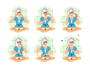 Girl face skincare. Woman facial routine, skin wash, mask, serum and cream. Beauty care, cosmetic guide. Female character in bathroom. Organic lotion and patches. Vector cartoon illustration