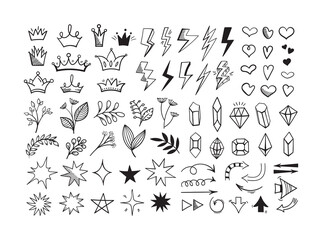 Doodle elements set. Hand drawn heart, sparkle star, lightning icons. Black arrow, freehand flowers and leaves, line diamonds and crowns. Scribble objects for decor. Vector symbol collection