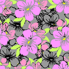 seamless pattern of pink silhouettes and black contours of flowers on a gray background, texture, design