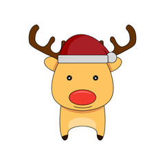 Cute christmas reindeer in flat style. Illustration of a Christmas reindeer wearing a Santa Claus hat on a white background.