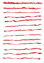Set of red wax crayon and brush strokes isolated on white background, Vector hand painting brush texture design elements