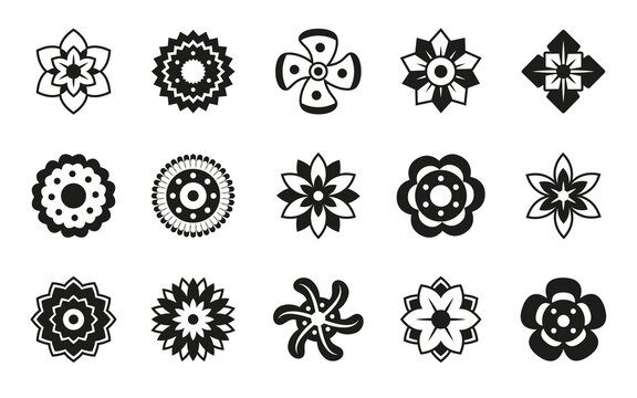 Flower silhouette icons, black sunflower daisy. Spring monochrome dahlia, rose and chamomile, outline easter blossom decor. Logo template, abstract botanical pictogram, vector symbols set