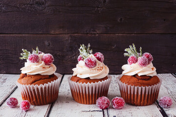 Christmas gingerbread cupcakes with frosty cranberries. Side view against a rustic wood background.