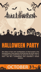 Halloween party banner, pumpkins and cemetery