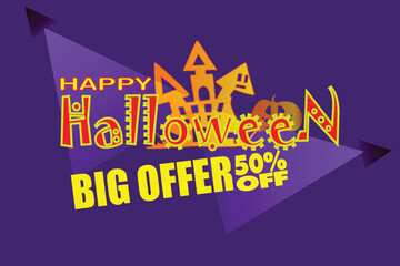 Halloween Big Sale 50% Off Text Effect Banner Design With Blue Color Background and Colorful Fonts, use Text Effect Banner Design For Media Channel Poster, easy use to editable text for Business Ads.