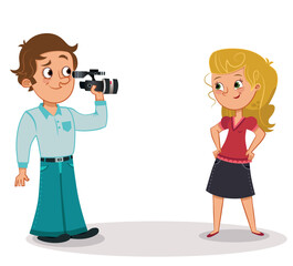 ector illustration of a couple from the nineties shooting with video camera.