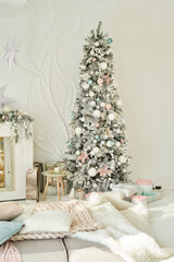 Christmas decor vintage. Christmas tree and gifts. Cozy winter morning