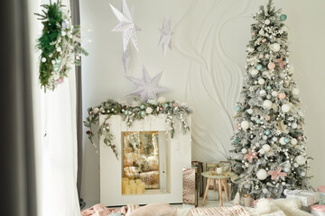 Christmas decor vintage. Christmas tree and gifts. Cozy winter morning
