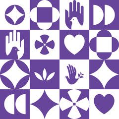 Neo geometric flat vector pattern with square, dove peace, hearts, semicircles, leaves, cross, rhombus and hand symbols. Abstract violet concept for Easter and Peace Day posters, postcards, textile.