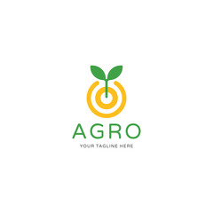 Vector flat agricultural plant logo with leaves and circles on white background. Biotechnology concept. Illustration for agro, farming and livestock business.