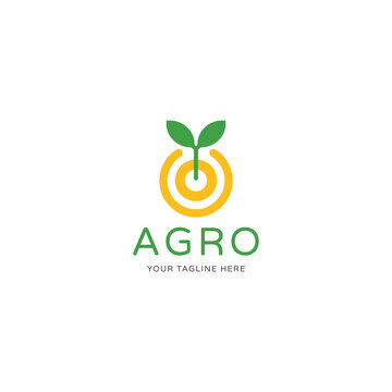 Vector flat agricultural plant logo with leaves and circles on white background. Biotechnology concept. Illustration for agro, farming and livestock business.
