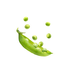 Uncovered pea pod in the air on a white background