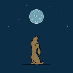 A cute puppy howls at the moon at night. Flat vector color illustration.